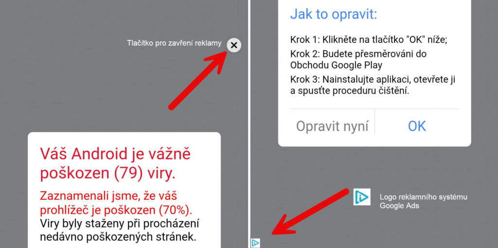 Popisek prvků podvodné reklamy z Google Ads.